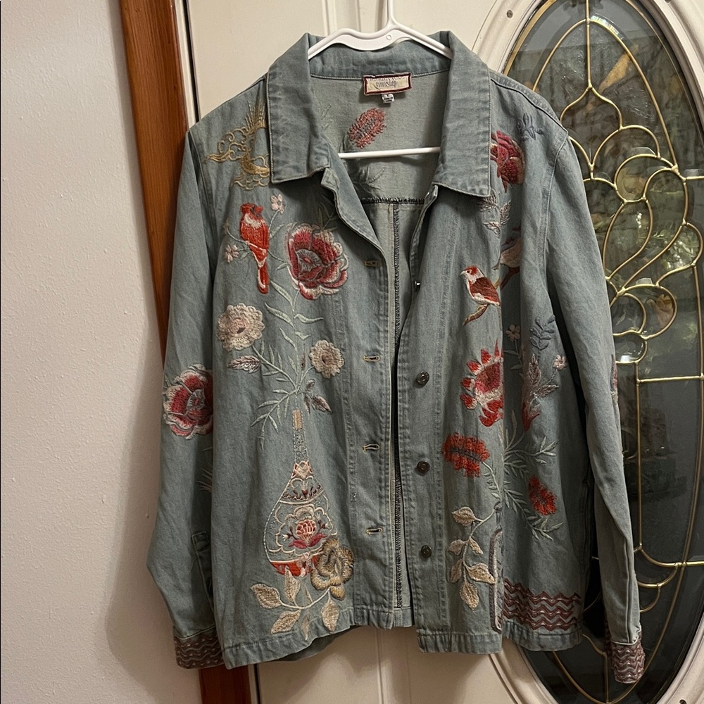 Johnny Was Embroidered Floral Jean Jacket - Blue and Red
